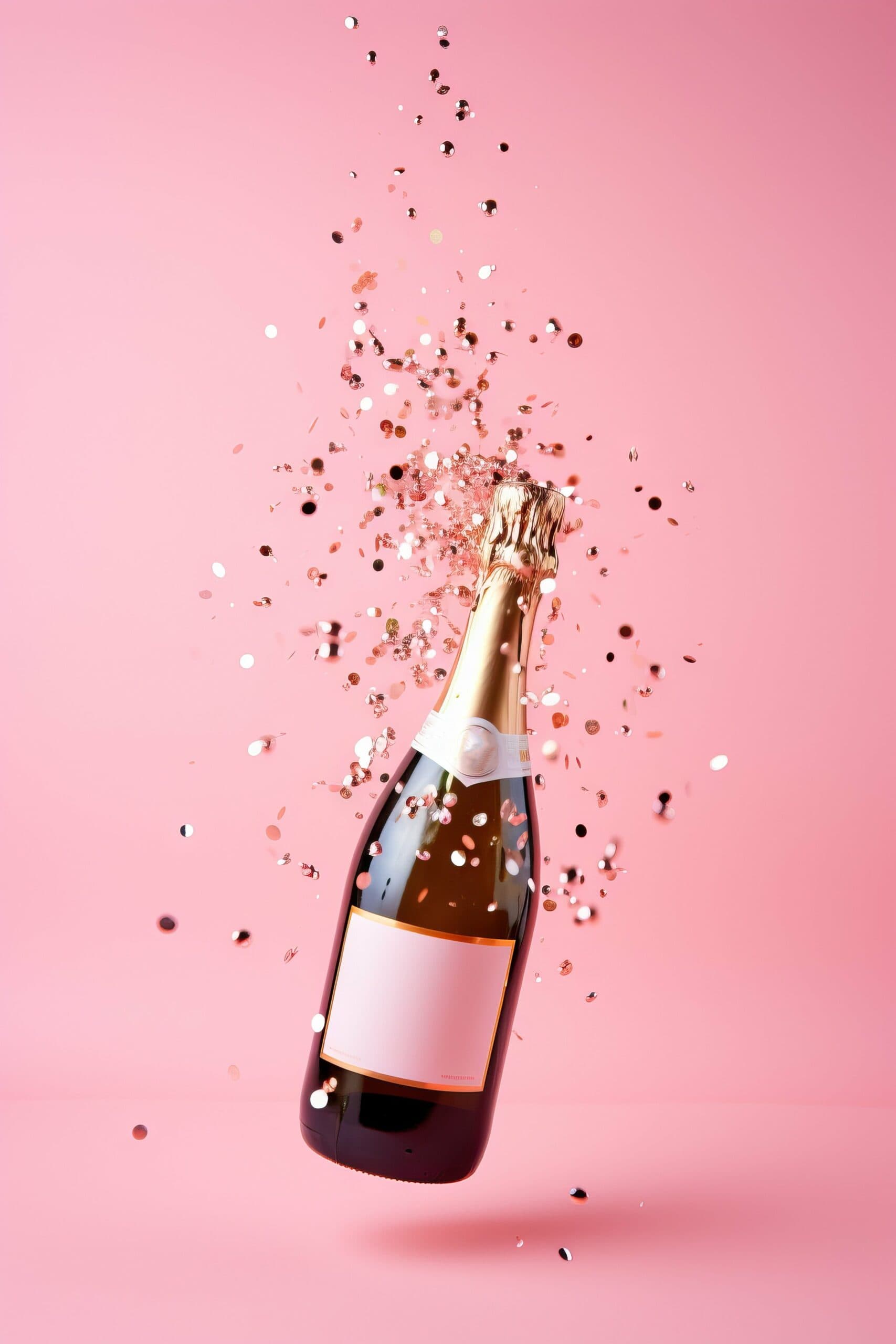 A champagne bottle popping with confetti against a pink backdrop